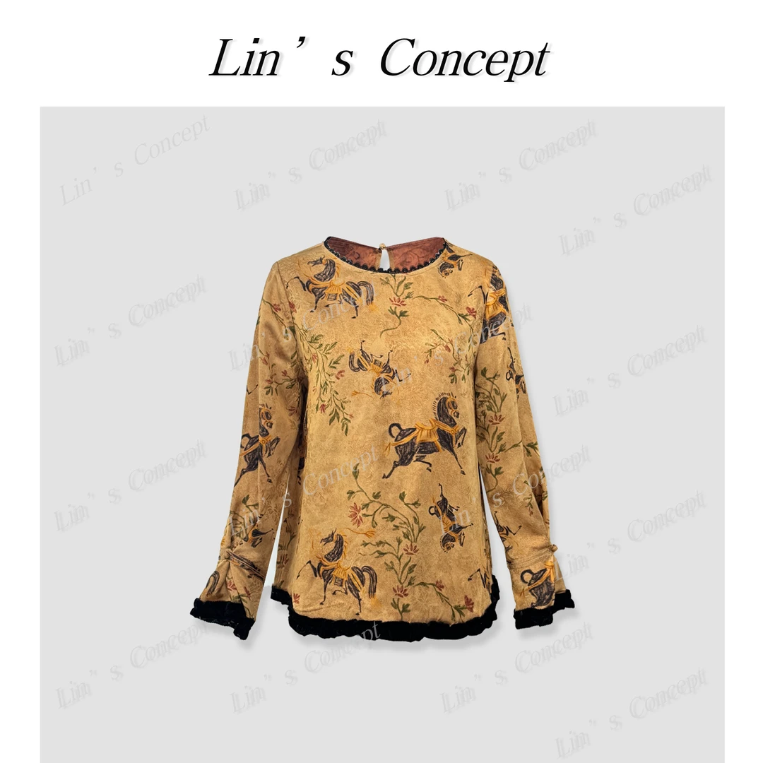 【Lin's concept】早春圆领蕾丝边印花中式套头上衣DL2407122