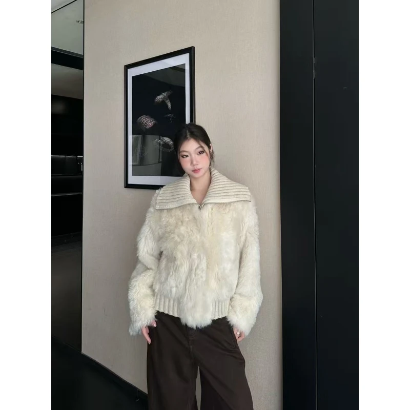 withmin凉皮 毛毛秋冬拼接保暖短款翻领保暖拉链外套2524735现货