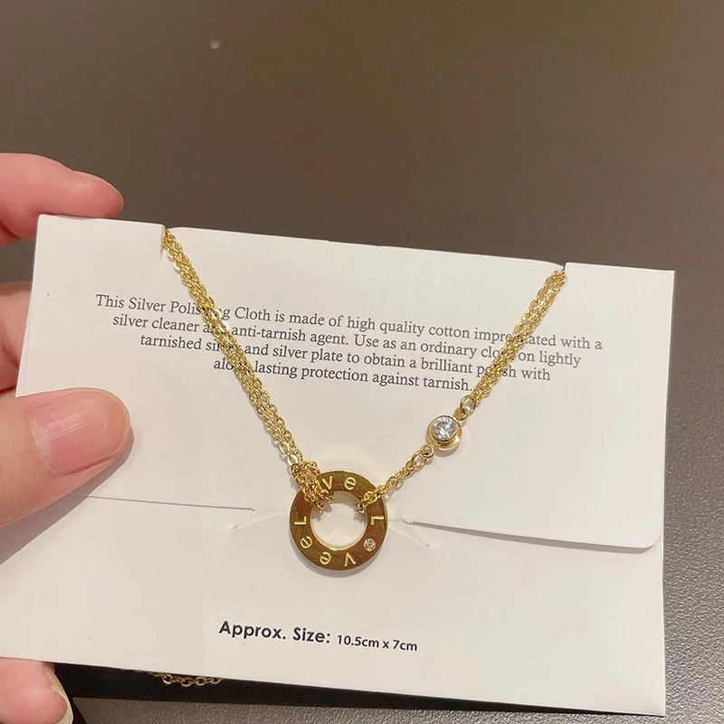 钛钢项链 不掉色～项链女轻奢小众锁骨链双层love圆饼钛钢简约