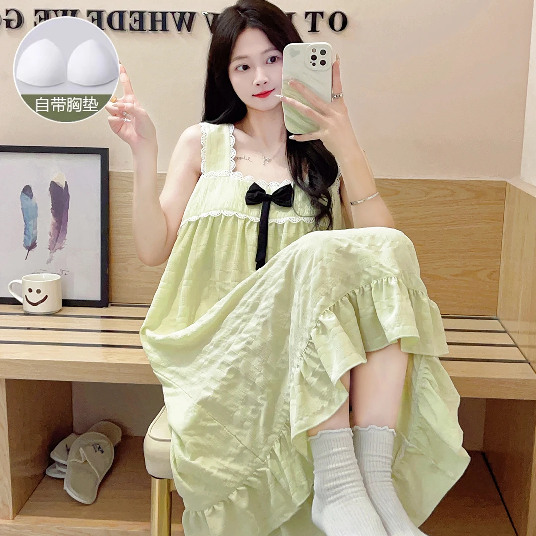 夏季新款吊带睡裙带胸垫韩版甜美女士睡裙可爱甜美宽松家居服