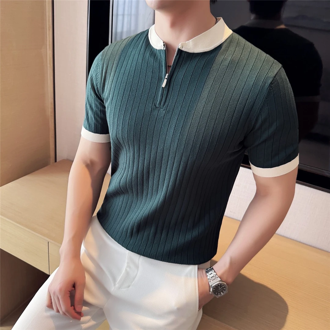 时尚撞色半拉链棒球领针织T恤男短袖夏商务修身气质百搭薄款上衣
