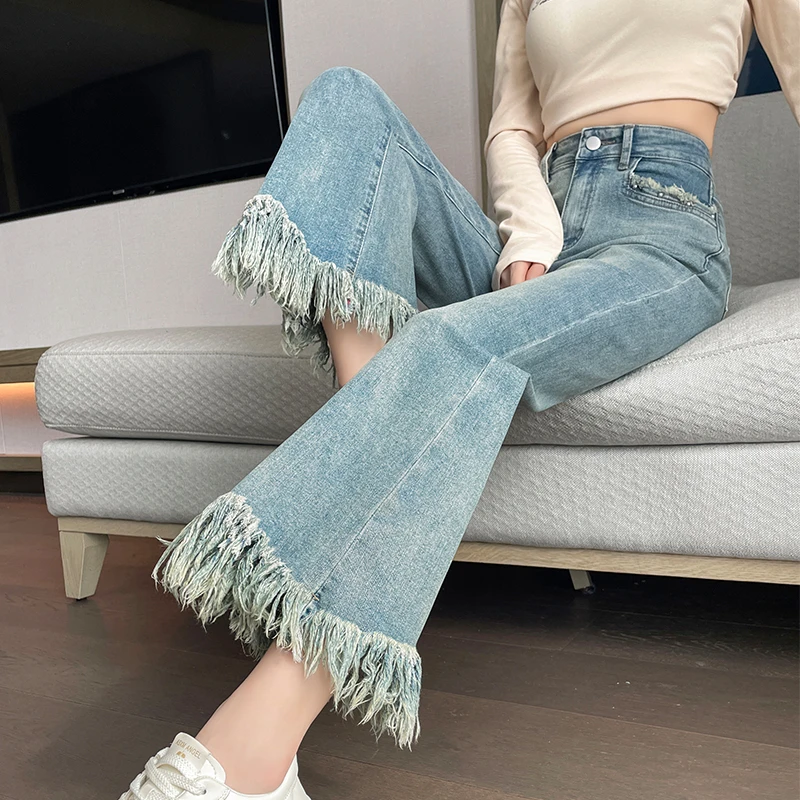 毛边流苏微喇牛仔裤女八分春秋季新款裤高腰修身显瘦九分喇叭裤子