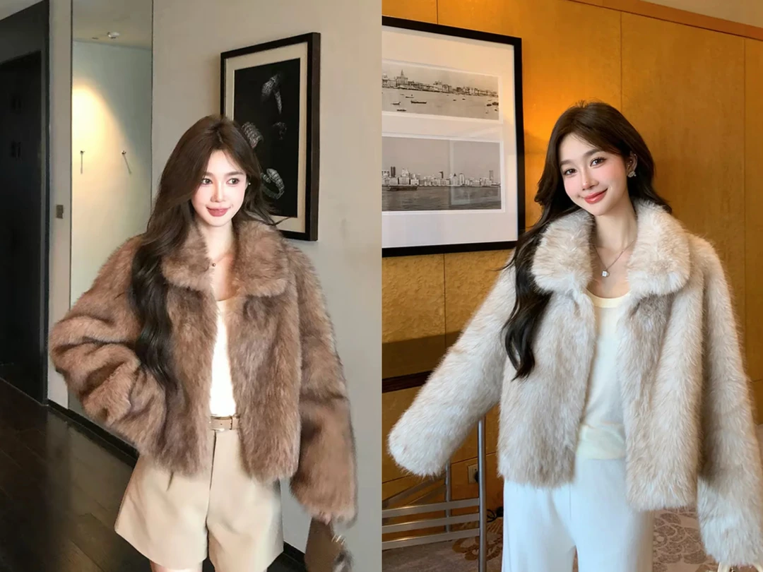 “韩女托卡”翻领简约一毛双色染尖短款毛毛外套