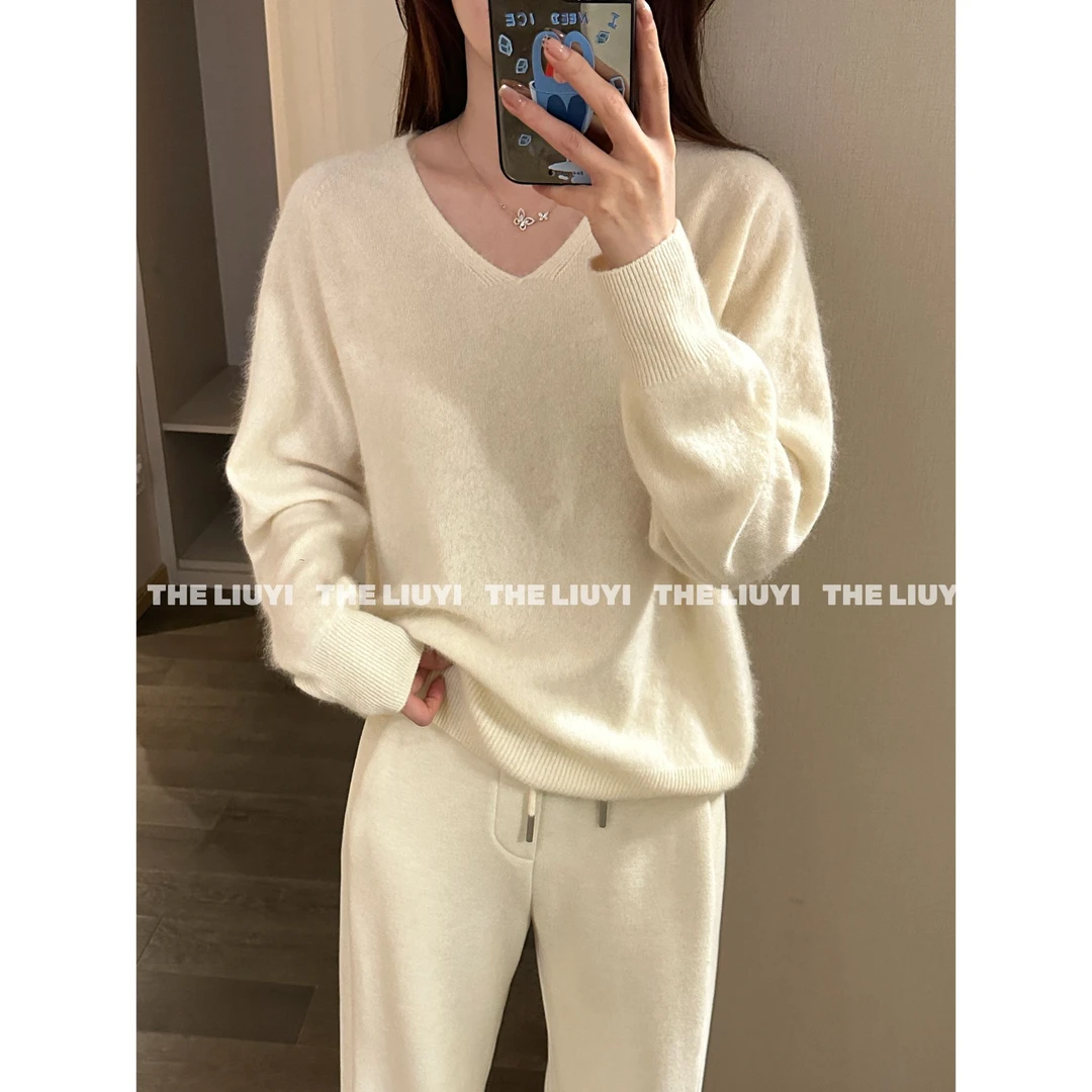 【LIUYI】霜降~羊绒拉毛蓬松云柔无缝V领毛衣58192