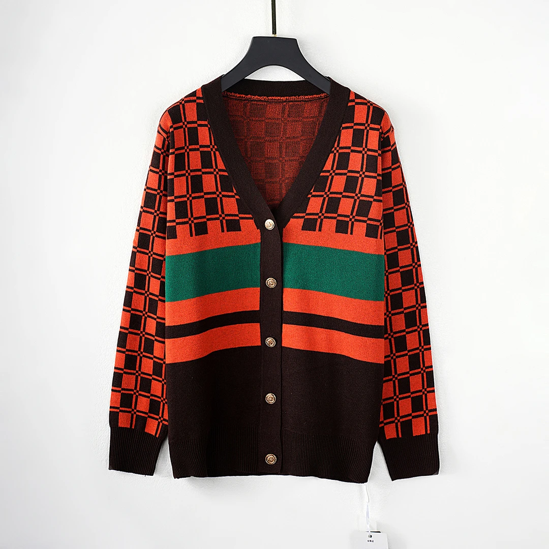 【春季上新】C8324桔色韩版时尚气质休闲撞色减龄百搭V领针织开衫