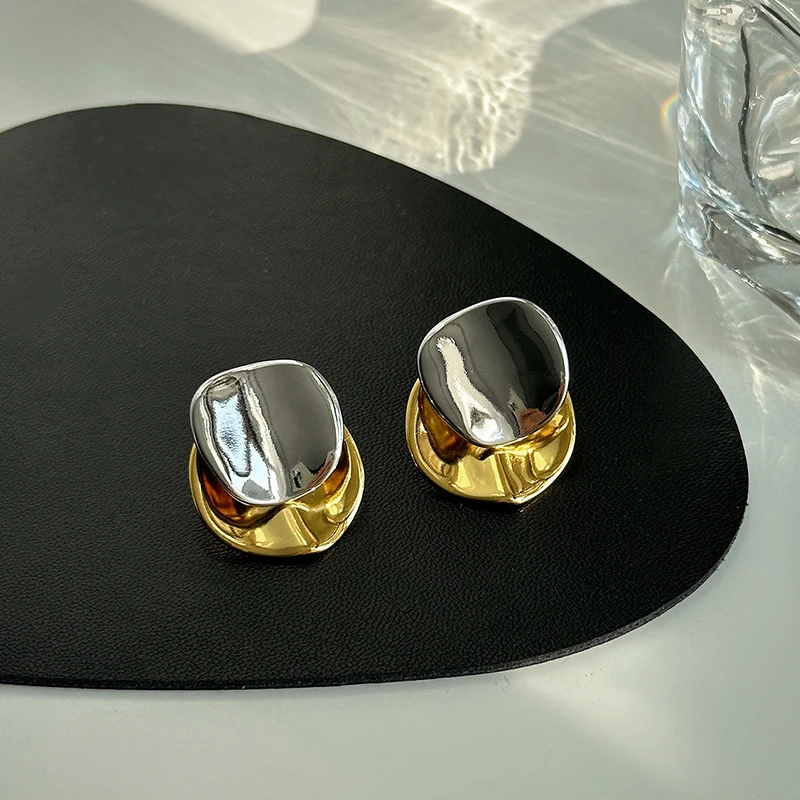 不规则冷淡风金属圆片耳环小众气质耳坠一款两戴耳饰金银撞色耳钉