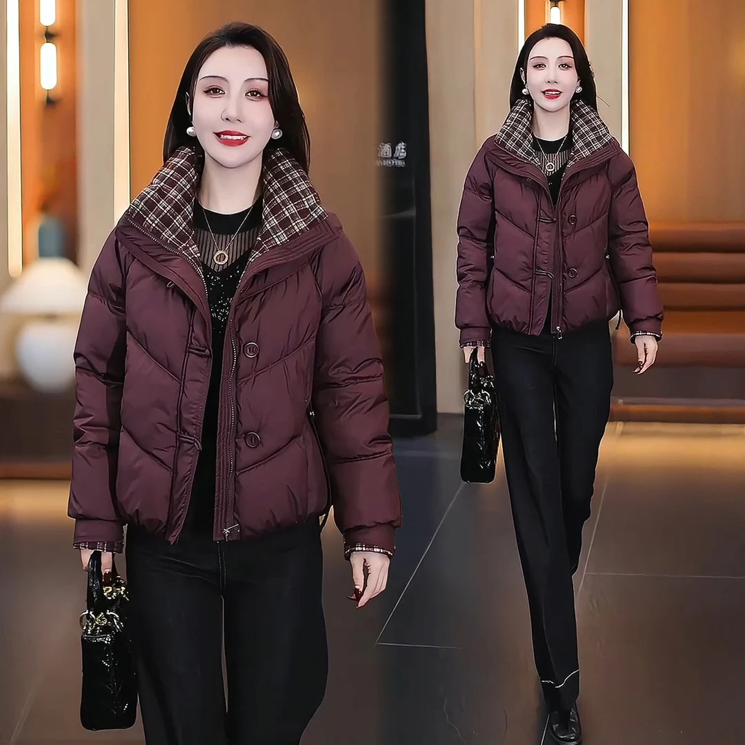 时尚格子拼接棉服女2025冬季新款洋气显瘦加厚保暖小个子棉袄外套