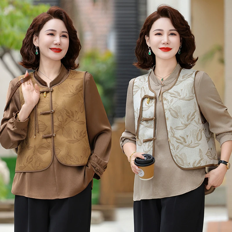 新款妈妈春装时尚洋气气质国风马甲上衣服中老年女装新中式两件套