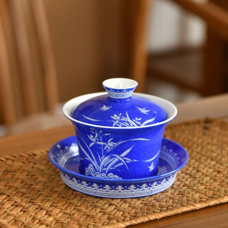 创意新式洒蓝兰心蕙质马蹄介杯复古防烫瓷盖碗带盖