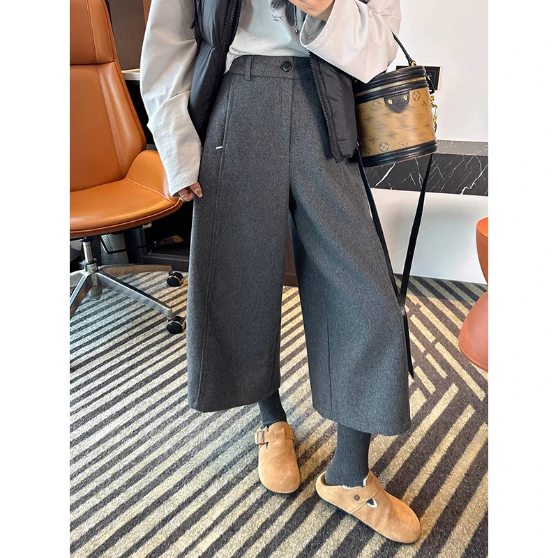 耶古老钱风灰色毛呢八分休闲裤女秋冬季高腰垂感宽松加厚阔腿裤子