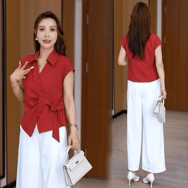 2025夏季新款时尚气质法式复古V领收腰上衣洋气减龄阔腿裤两件套