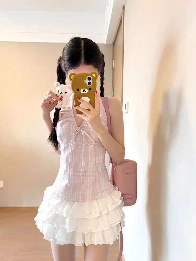 美式复古粉色格纹挂脖吊带背心女夏季外穿纯欲甜辣妹别致无袖上衣