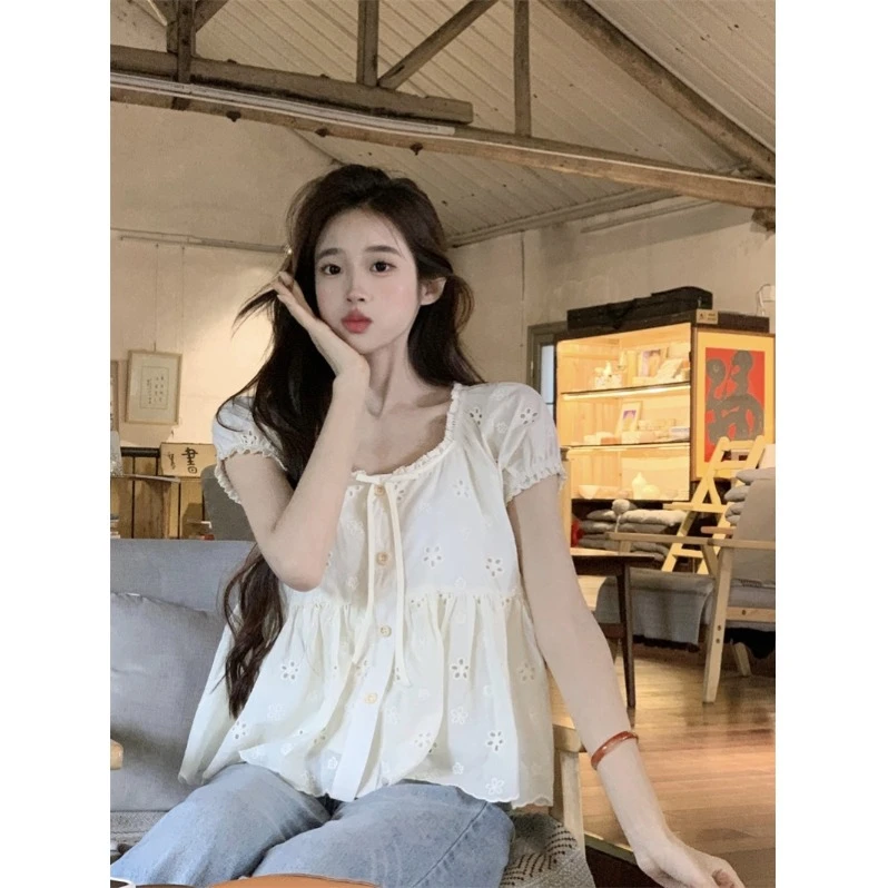 法式甜美短袖衬衫女装2025新款夏季宽松娃娃衫日系减龄显瘦上衣