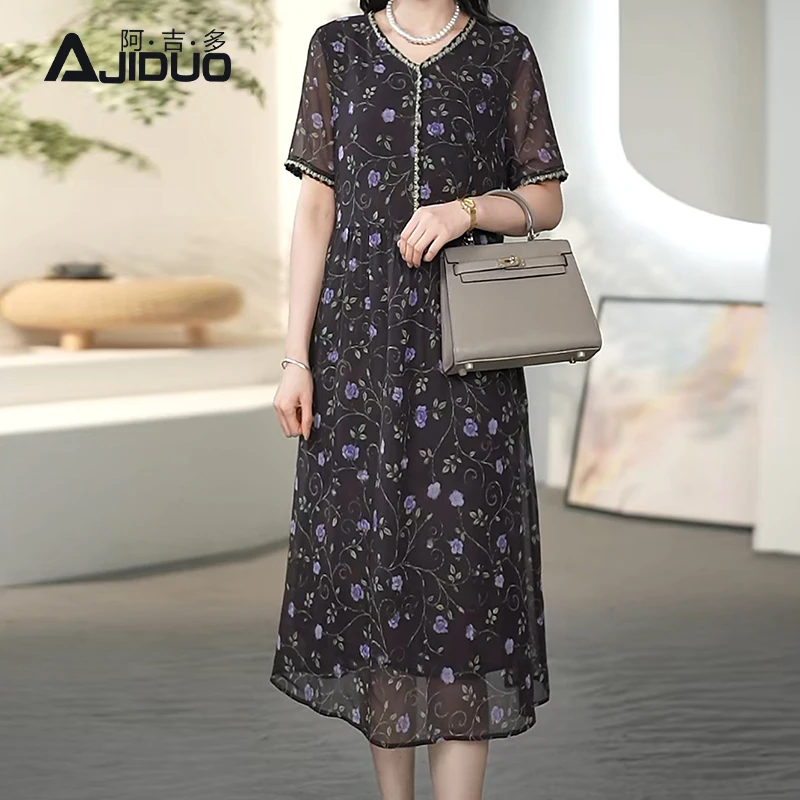 A23019阿吉多气质短袖连衣裙女夏季新款中老年妈妈碎花裙大码裙子