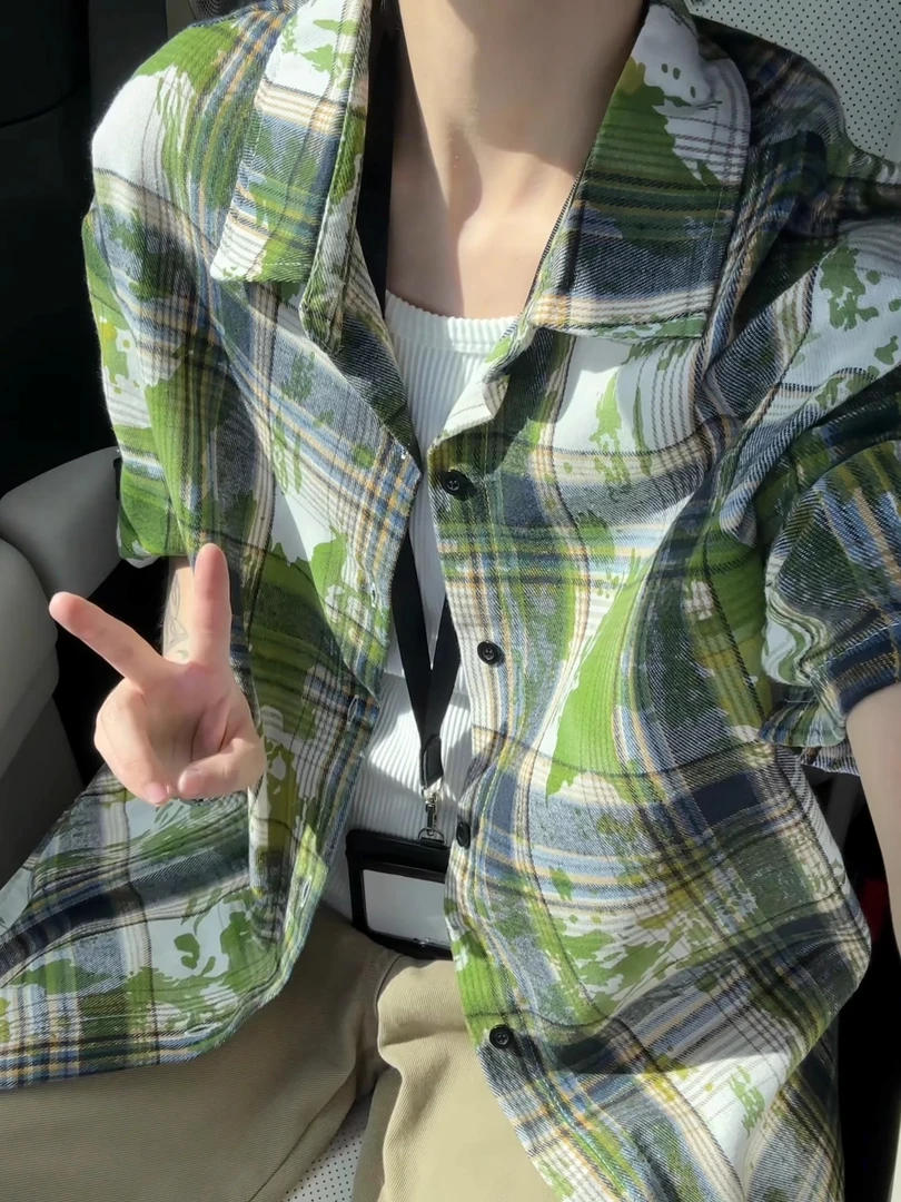 牛油果绿色扎染格子短袖衬衫男夏潮牌美式复古vintage衬衣七分袖