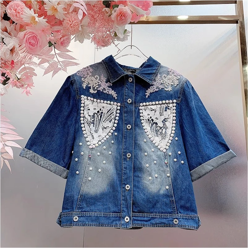 A948欧美设计师2025早春新款重工钉珠拼接蕾丝磨白休闲牛仔衬衫女