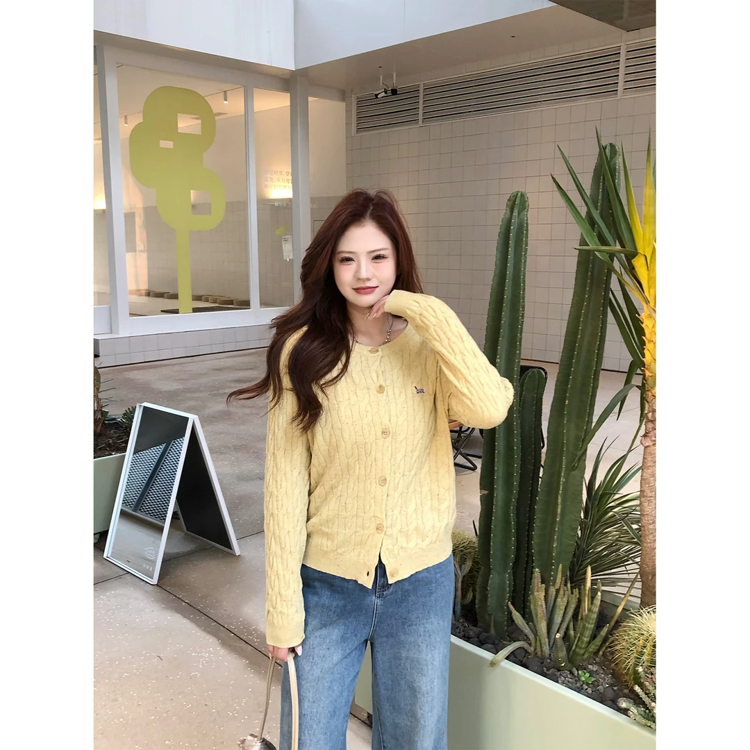 QC裂渡念念【织梦】微胖大码女装春季百搭显瘦立体绞花毛衣502X45