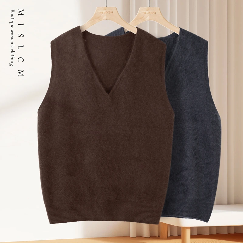 冬季新款高级气质V领拉毛羊绒背心马甲女百搭无袖羊绒毛衣9905
