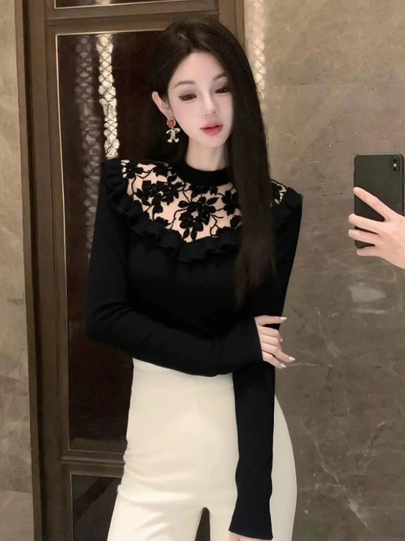 SS5037欧货黑色蕾丝毛衣女外穿新款秋短款针织衫上衣长袖打底衫