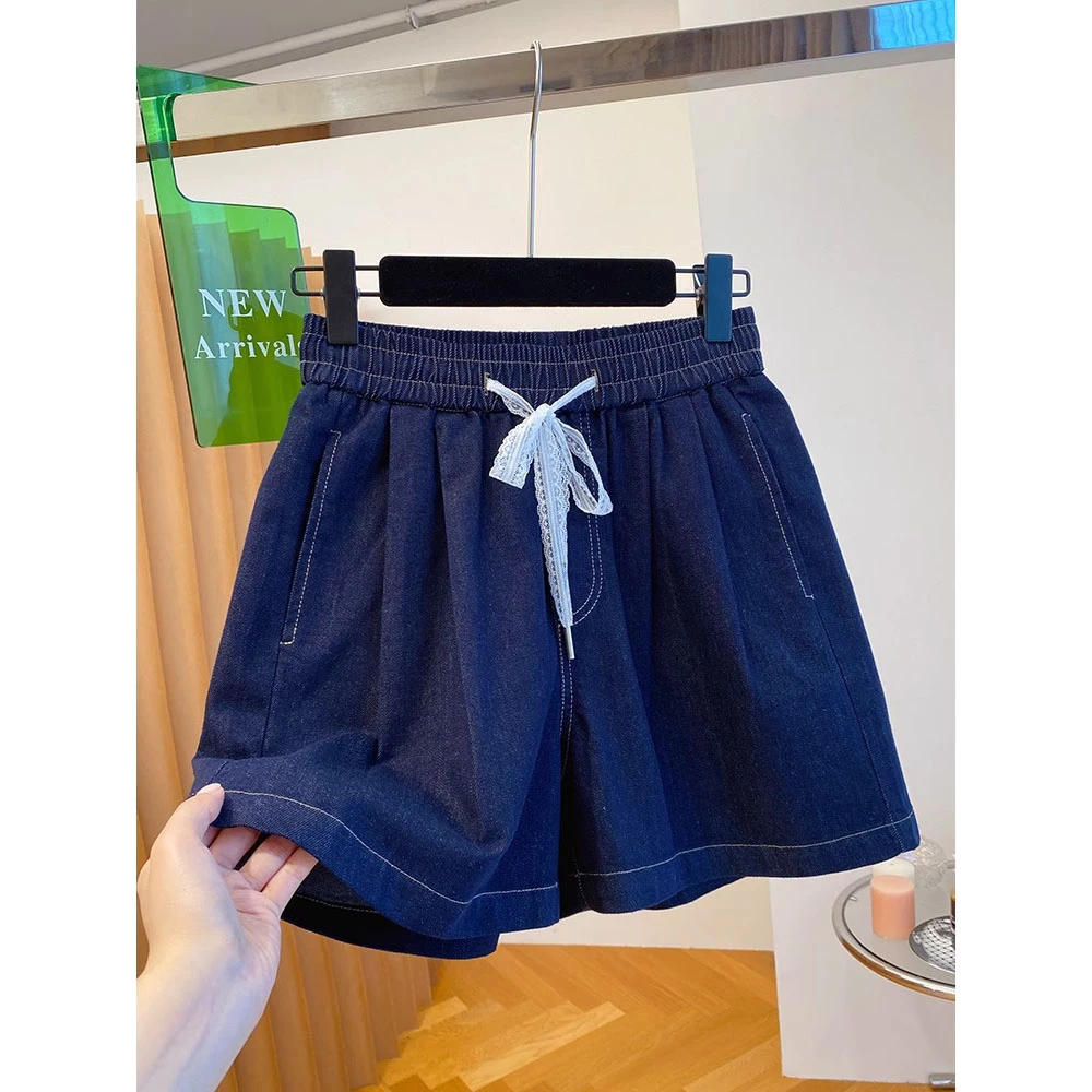 胖妹妹240斤大码牛仔短裤女夏季宽松休闲蕾丝蝴蝶结抽绳a字版热裤