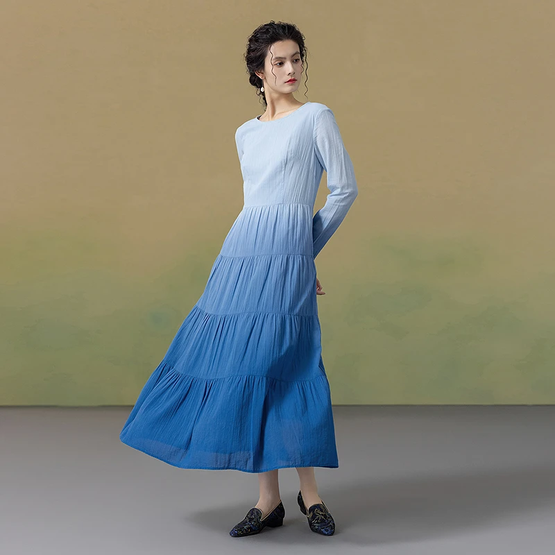 （蓝色）生活在左2025秋季新品100%棉渐变蓝百搭连衣裙女1953316