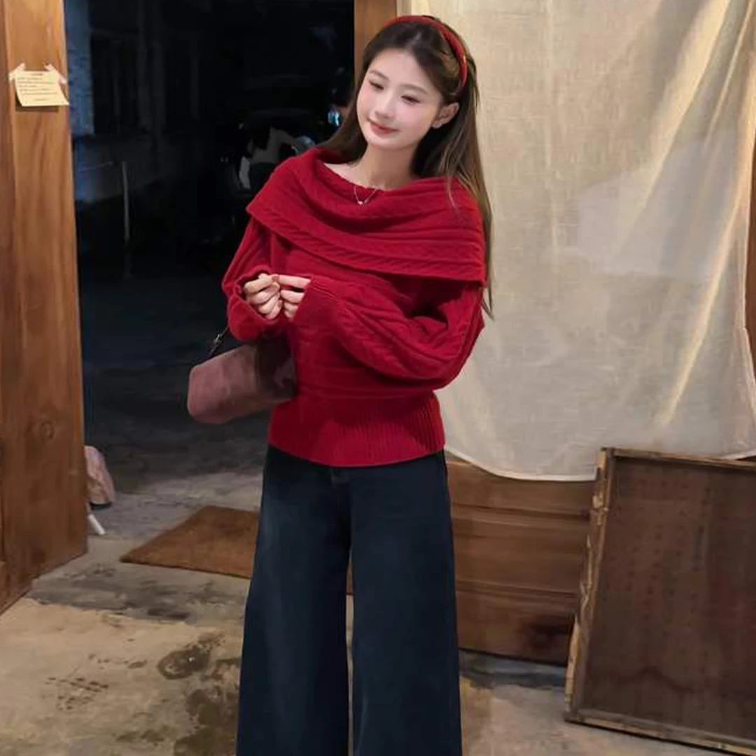 韩系跨年氛围穿搭奶fufu红色毛衣女秋冬2026冬季新款慵懒宽松上衣