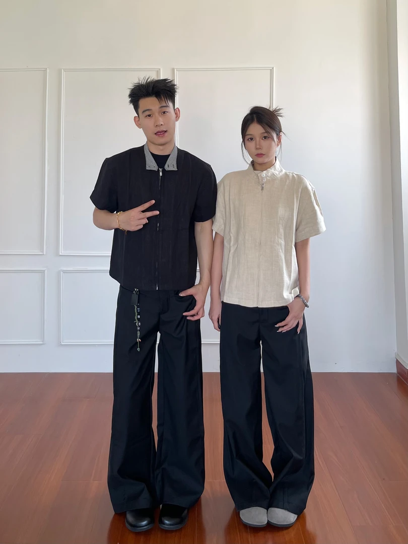 YYMDG美式复古立领短袖T恤男女夏季宽松休闲情侣上衣半袖潮牌ins