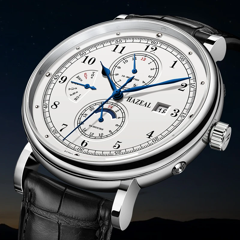 【新品】HAZEAL/6针月相烤蓝系列/全自动多功能机械表681313