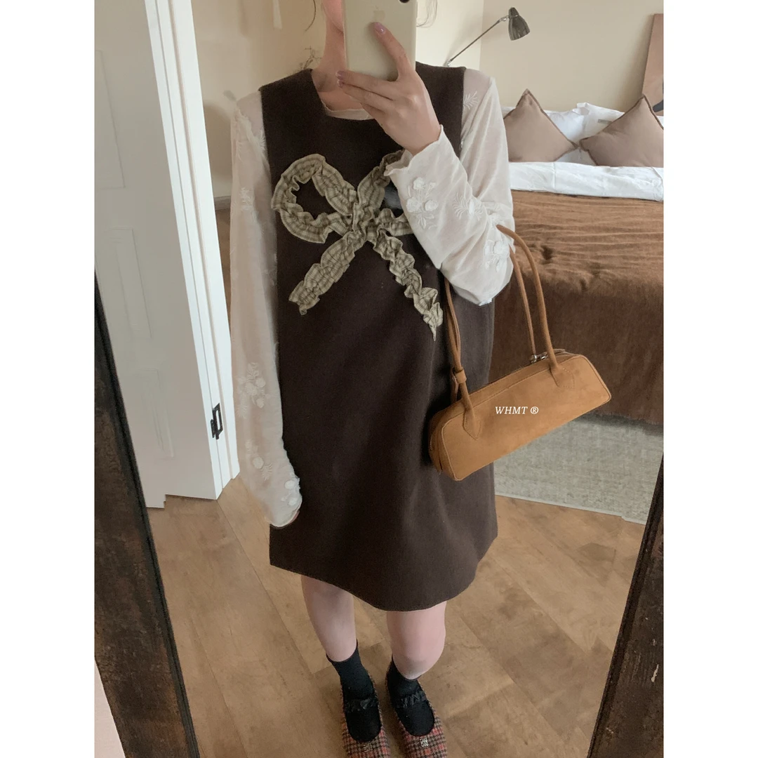 RS.WHMT-u系减龄撞色格纹蝴蝶结羊毛呢背心连衣裙（含40羊毛）Q13