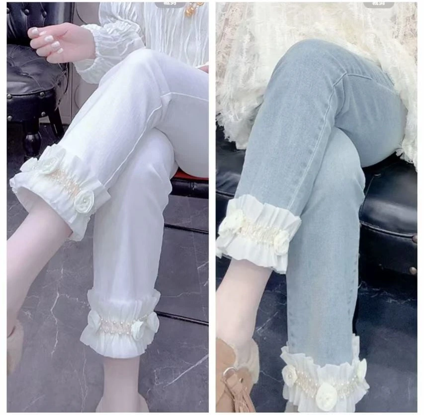 LL琳大码设计感重工钉珠花朵单牛仔裤2025高腰显瘦弹力直筒裤147