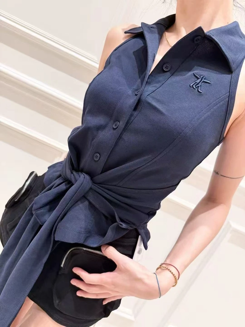 25春夏 外穿上衣翻领设计感系带无袖背心 美式小众时尚露肩款