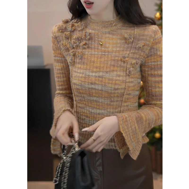 复古修身显瘦立体花朵装饰短款针织衫女秋冬新款独特漂亮拼色上衣