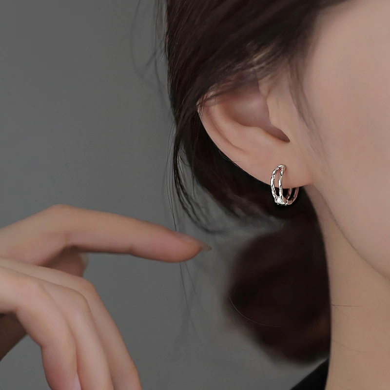 足银耳饰 双层素圈耳环轻奢复古小众法式高级感简约百搭耳饰