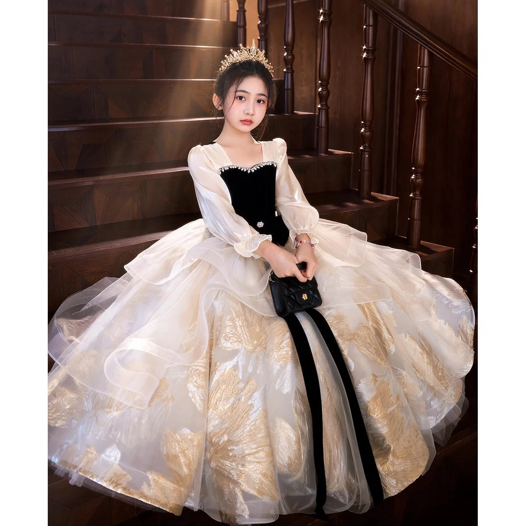 范哲萨女童晚礼服香槟色小女孩洋气生日公主裙儿童主持人钢琴演奏