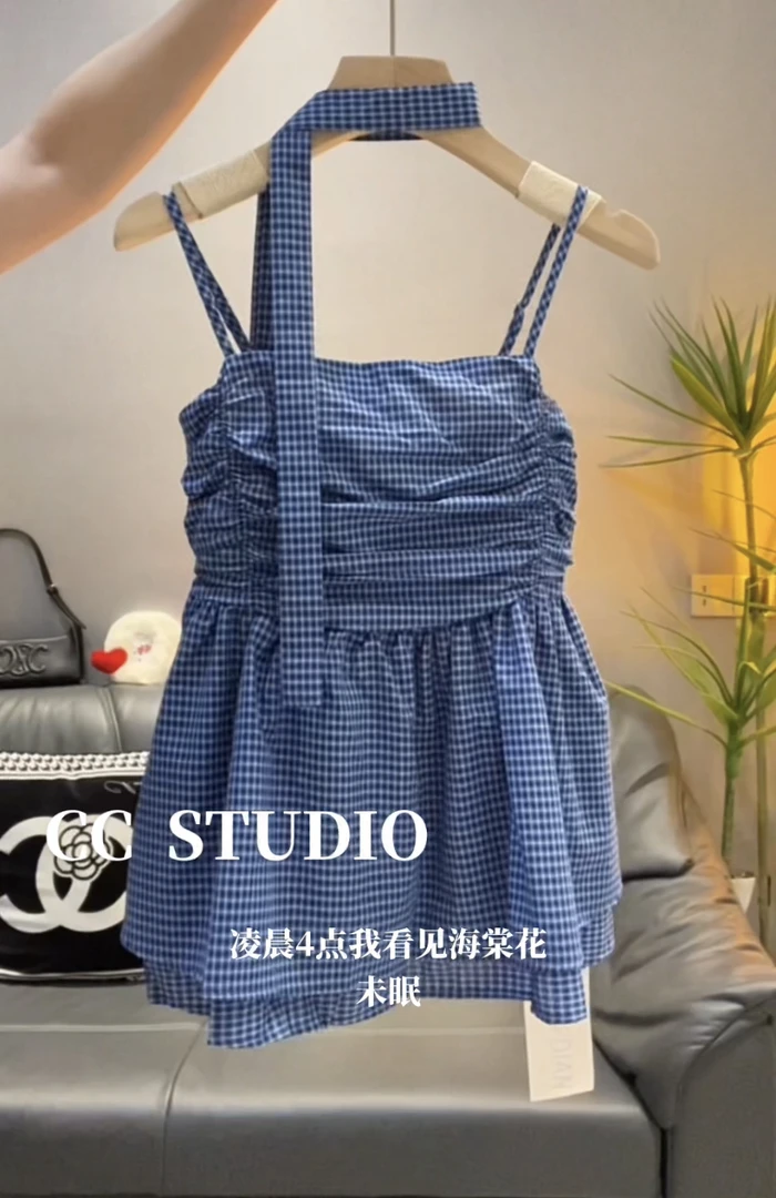 韩系格子抹胸吊带背心女夏新款2025绝美辣妹无袖小衫裙摆飘带上衣