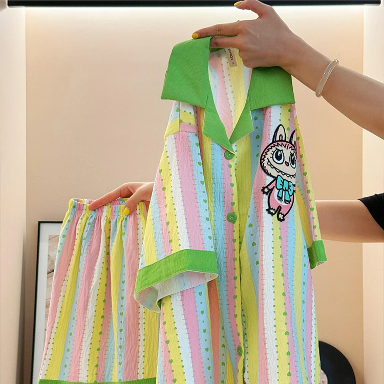 夏日多巴胺彩虹条纹拉布布印花撞色短袖睡衣女夏季新款可爱居家服