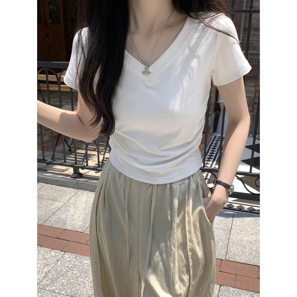 纯欲风夏季修身V领露锁骨t恤女设计感高腰短袖辣妹正肩纯色上衣服