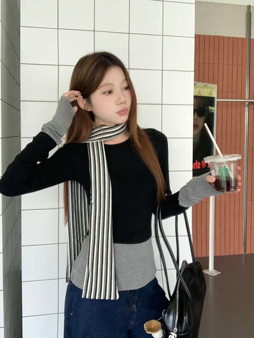 长袖时尚T恤秋装女款爆款2025新款女士胖mm显瘦遮肉不规则假两件