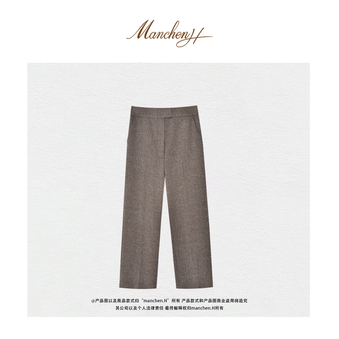 Manchenh"职场精英"进口羊毛亮片色纺纱人字纹高端西裤