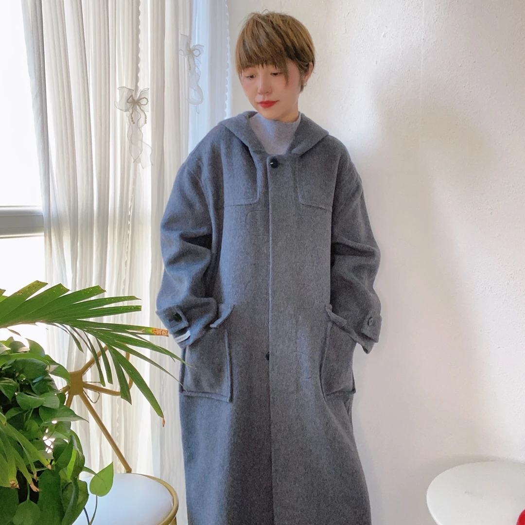 【小真】中长款毛呢连帽大衣
