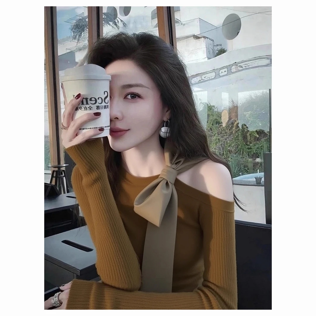 咸菜绿色露肩针织衫女2025冬季小众不撞款独特漂亮蝴蝶结系带毛衣