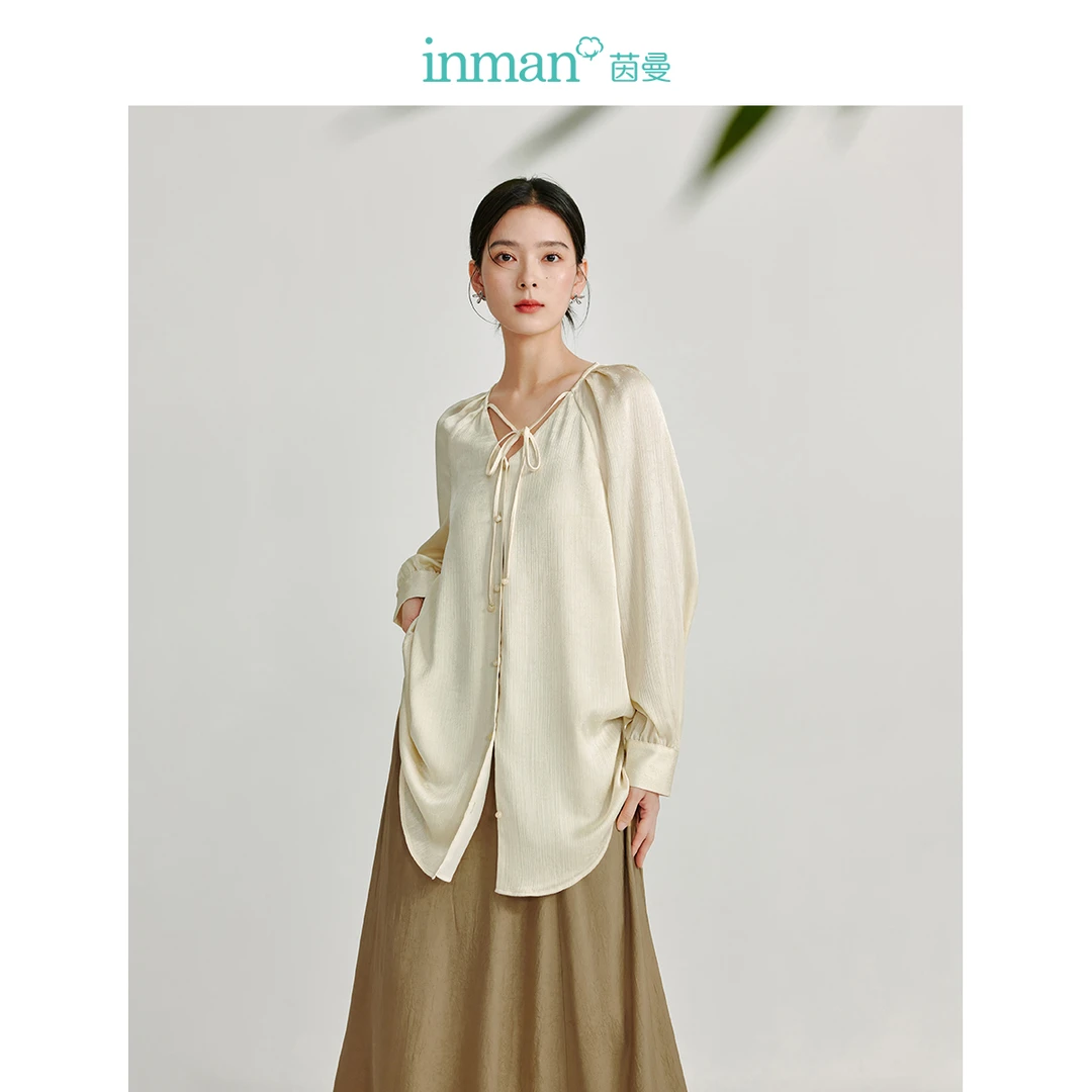 茵曼2024夏季新款女衬衫衬衣上衣长袖宽松休闲通勤提花中长V领