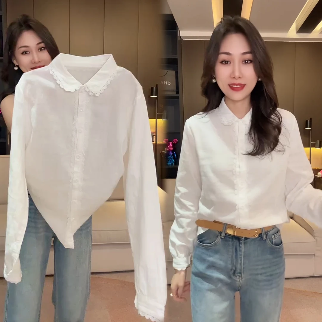 欧洲站花边蕾丝拼接白色衬衫女冬季新款气质时尚显瘦设计感上衣