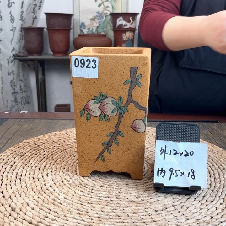 紫砂花盆柴烧寿桃手绘签筒0923