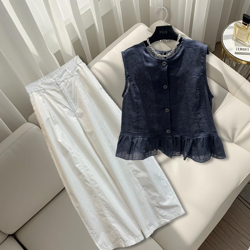 2025夏季新款穿搭一整套百搭老钱风宽松上衣慵懒显瘦阔腿裤两件套