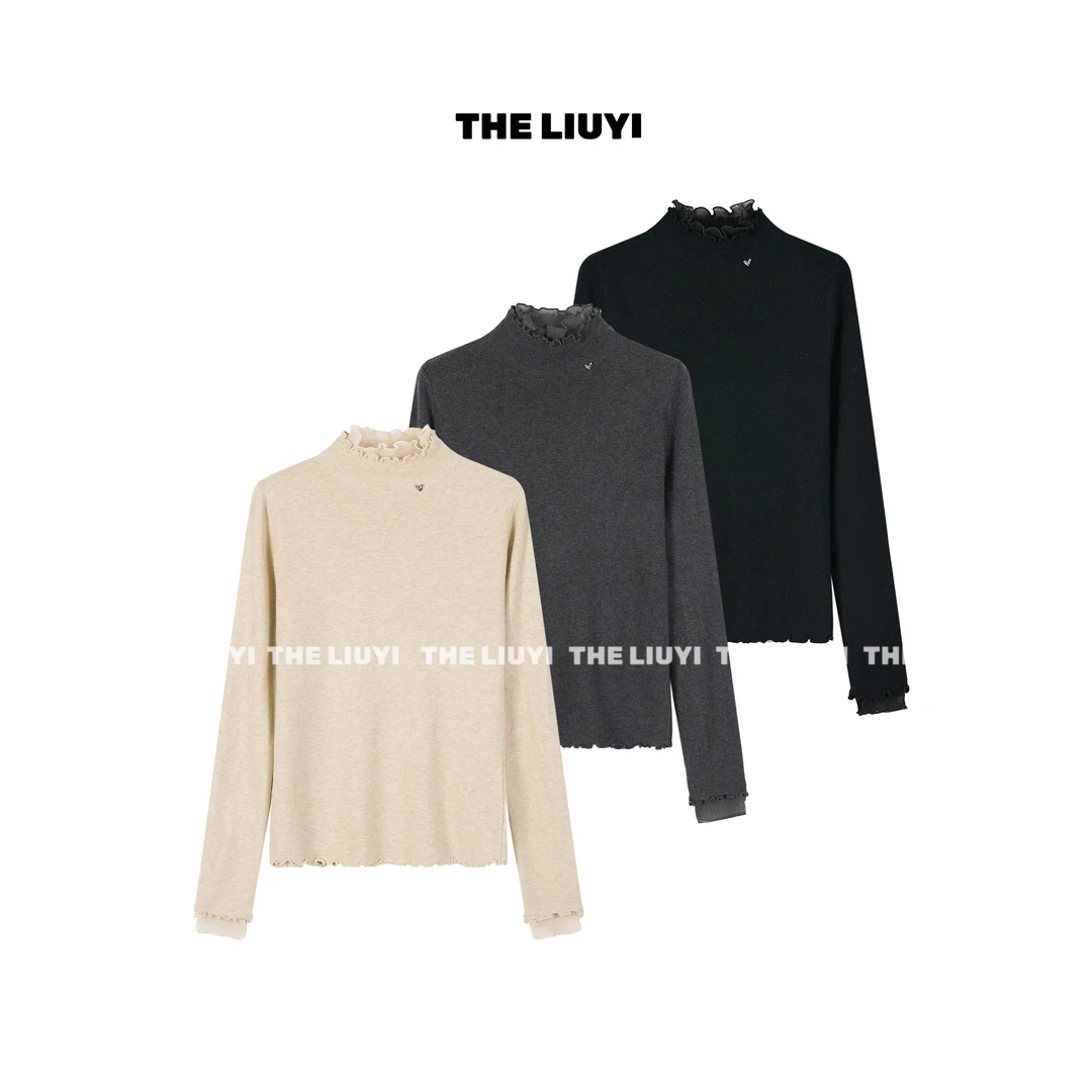 【LIUYI】羊毛混纺双层拼接花边领内搭512227