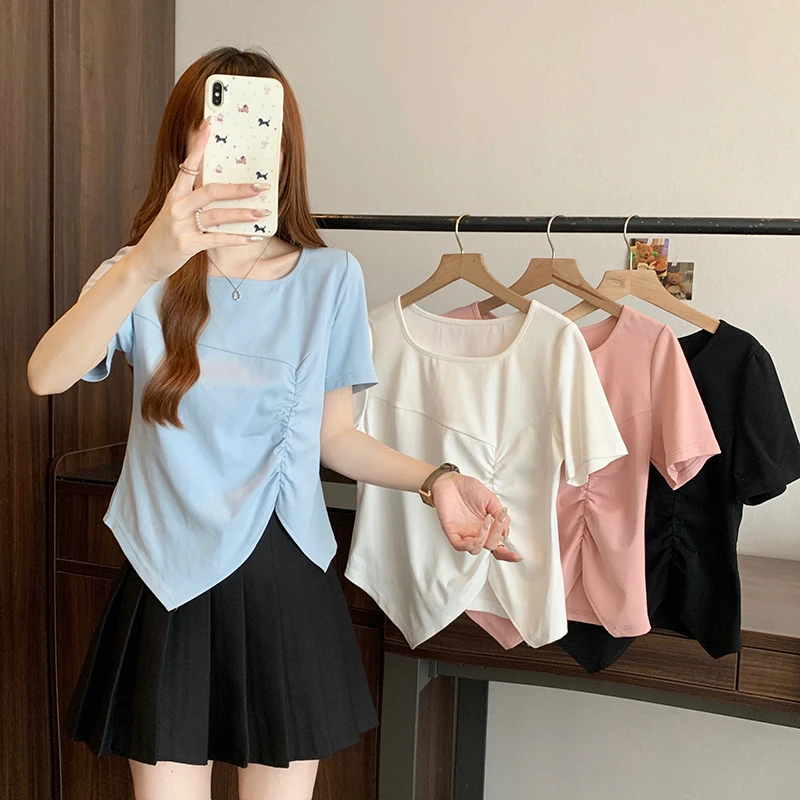 2025夏装新款韩版显瘦胖mm大码女时尚设计感方领不规则短袖T恤