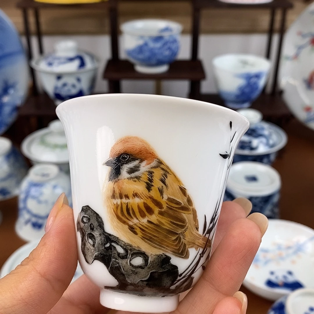 新彩麻雀玉泥铃铛杯