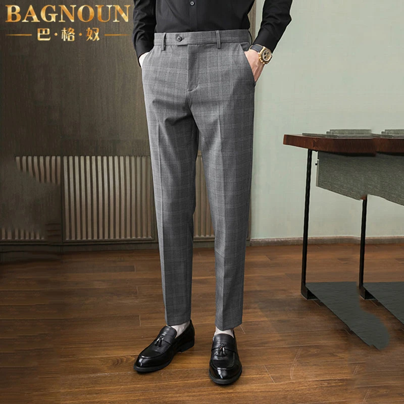 巴格奴西裤男士春夏新款时尚高端垂感格子正装修身小脚免烫九分裤