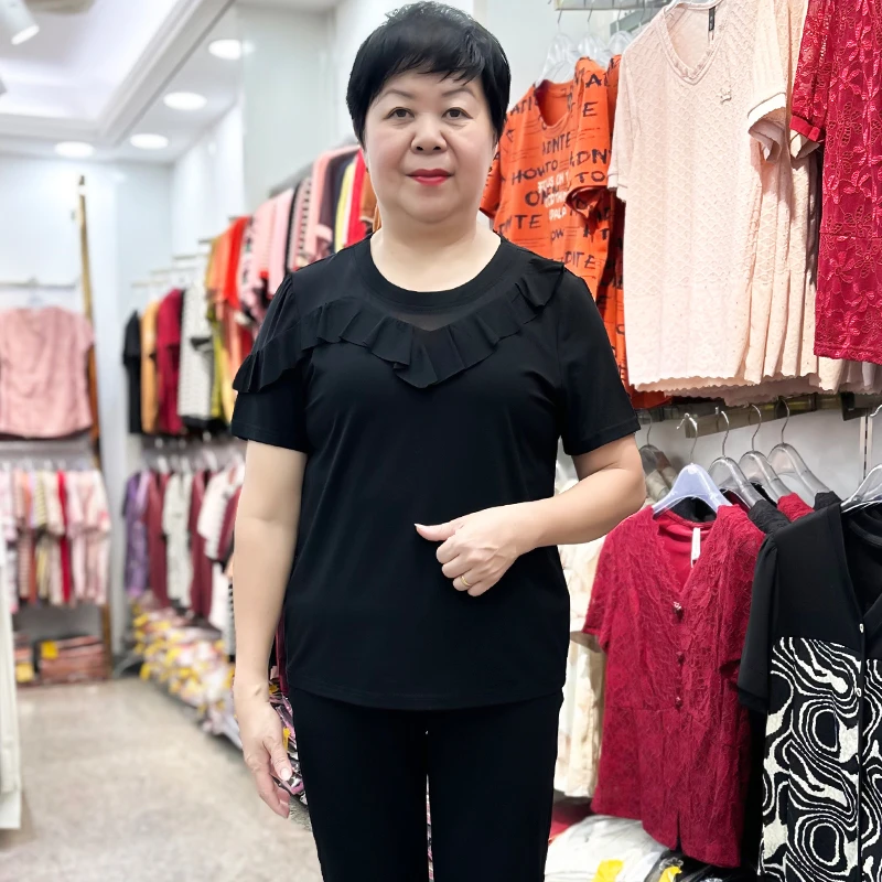 纯色简约时尚妈妈装夏季棉T恤短袖亲肤透气中老年女装弹力上衣服